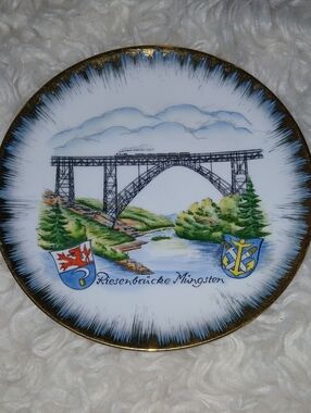 Decorative Porcelain Plate with Bridge Scene and Crests - White, Blue, Green